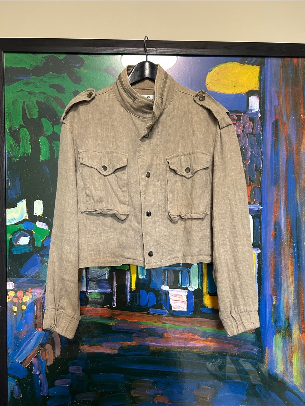 Linen Taupe Military-Style Crop Jacket